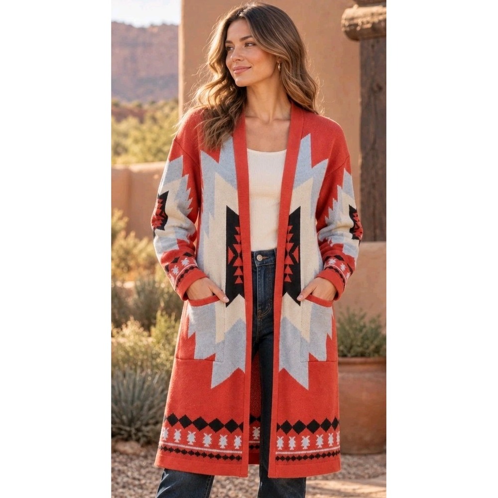 Womens Small Southwestern Aztec Knit Cardigan Longline Pockets Fall Layer Cozy